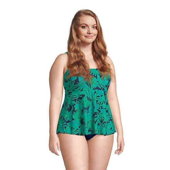 Land’s End Plus flutter Tankini Top soft cup Ombre' green navy Palm print 2X - Picture 2 of 8